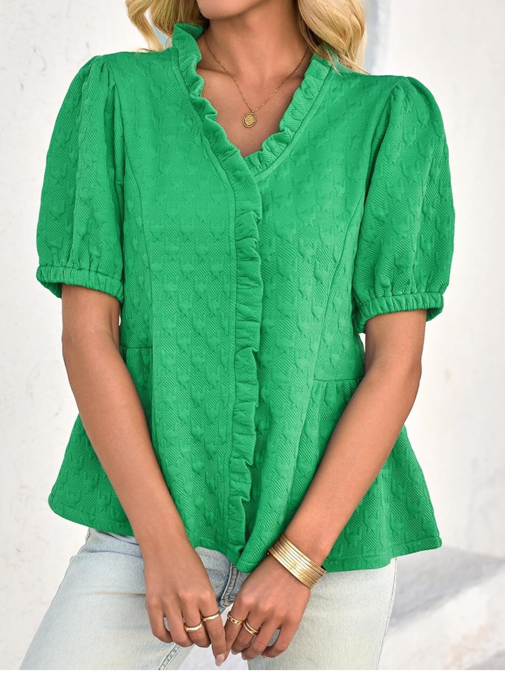 NWT Peplum Puff Sleeve Tops Dressy Casual Textured Blouses V Neck Ruffle Medium - Picture 3 of 10